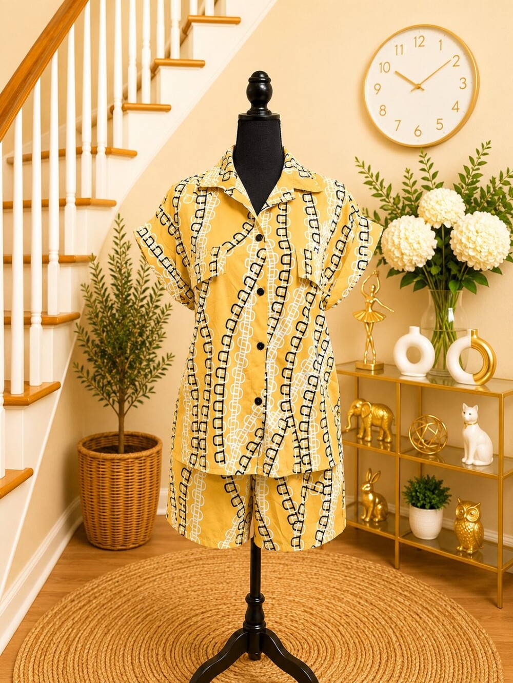 Yellow Geometric Button-Up Short Set